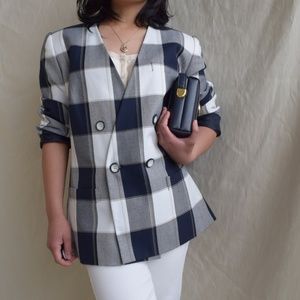 Vintage 80's plaid blazer in navy blue and white Medium